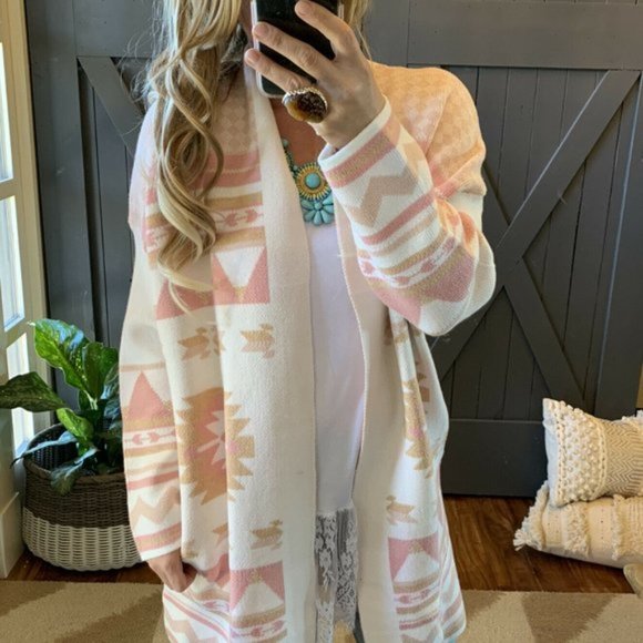 New Cozy Cowichan Print Boho Cardigan Sweater - Picture 3 of 6